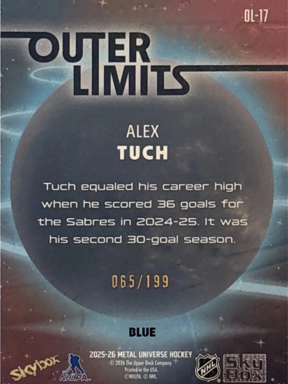 Skybox Outer Limits Alex Tuch Hockey Trading Card LE 65/199